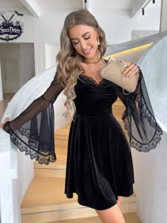 Velvet Mini Dress Sweetheart Neckline Lace Trim Bell Sleeves High Waist - Picture 3 of 6